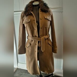 DKNY Sport Vintage Brown Belted Coat with Faux Fur Collar Size M